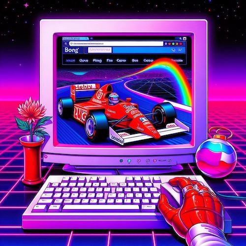 A computer from the 90s, the screen of the computer is showing a modern web application, say Bing or Google's home page, and a F1 racing car in the style of vaporwave